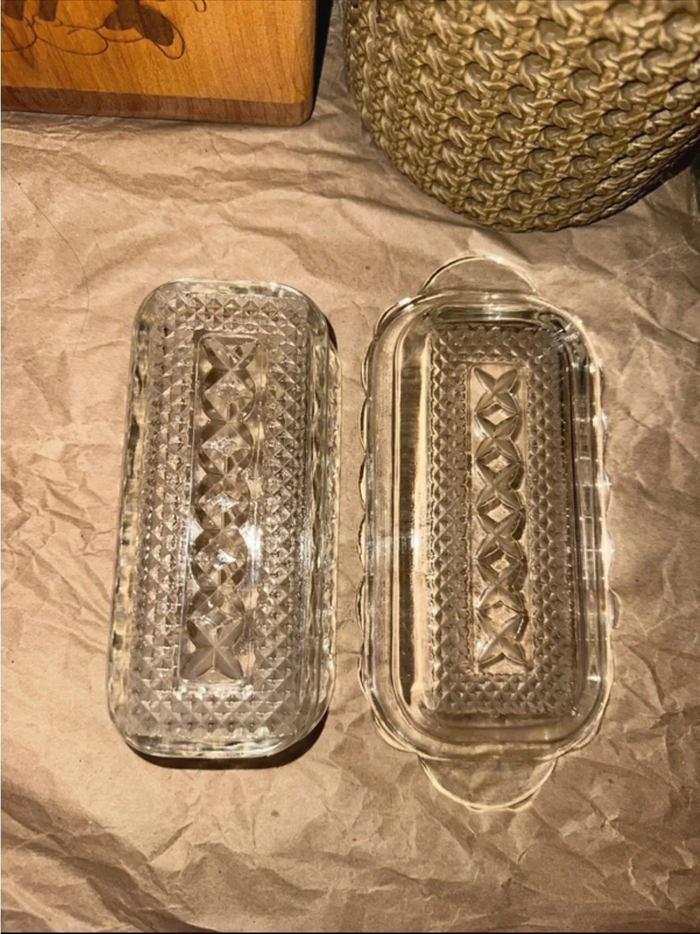 Clear Pressed Glass Butter Dish - Diamond Pattern